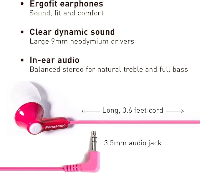 Panasonic ErgoFit Wired Earbuds, 3.5mm Jack In-Ear Headphones Wired with Dynamic Crystal-Clear Sound and Ultra Soft Ergonomic Custom-Fit Earpieces (S/M/L), for Phones and Laptops - RP-HJE120-P (Pink)