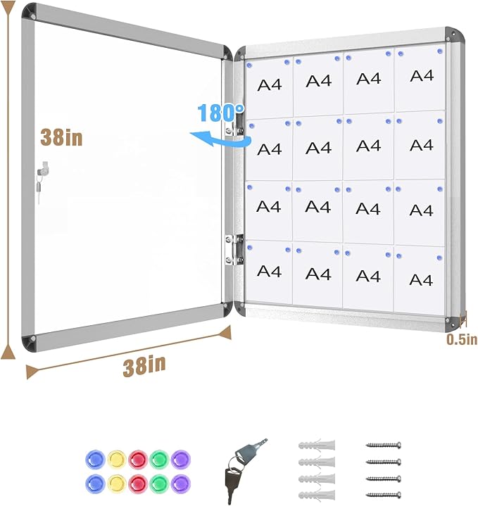 38"x38" Enclosed Bulletin Board, Lockable Weather-Resistant Aluminum Noticeboard for School & Office, Silver Frame w/Magentic Whiteboard