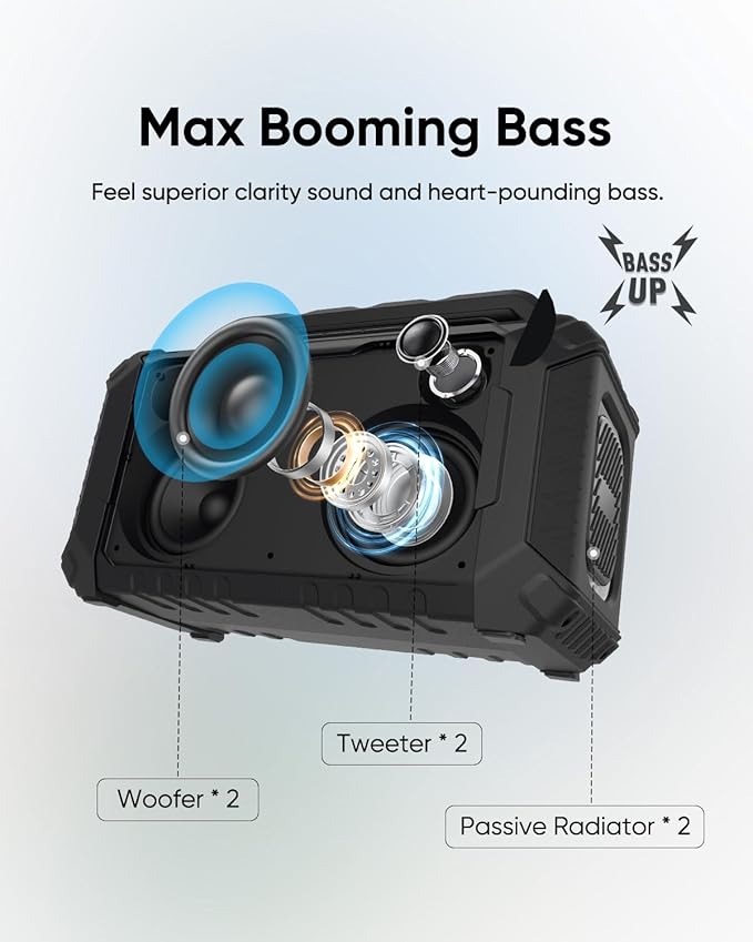 Inwa Jobsite Bluetooth Speakers, 60W Outdoor Portable Wireless Speakers, Compatible with DeWalt & Milwaukee Battery, Loud Boombox w/Bass, RGB Lights & Aux, for Work/Workshop/Garage(Black)