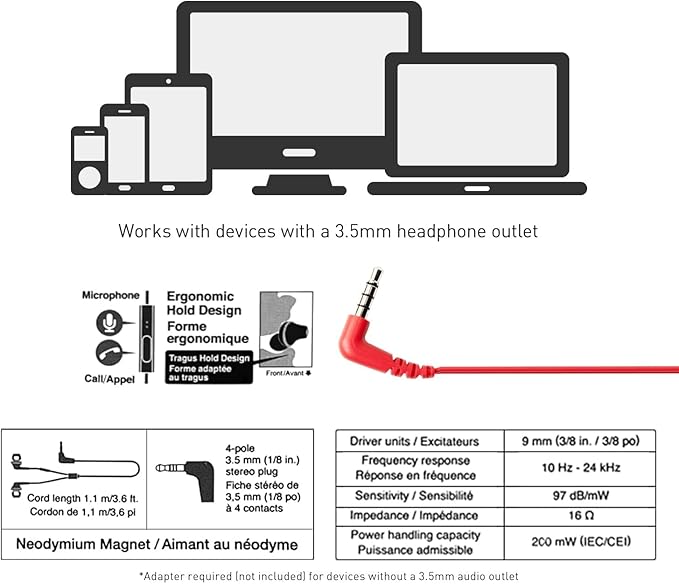 Panasonic ErgoFit Wired Earbuds with Microphone, 3.5mm Jack Headphones with Mic and Call Controller, Ergonomic Custom-Fit Earpieces (S/M/L), for Phones and Laptops - RP-TCM125-R (Red)