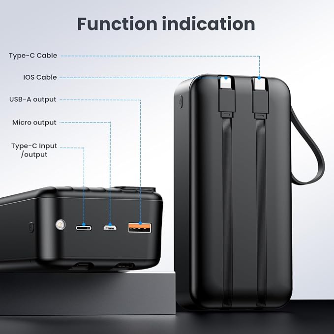 Portable Charger 50000mAh Power Bank with 2 Built-in Cable,22.5W Fast Charging External Battery Pack,LED Display USB-C Portable Cell Phone Charger for iPhone 16/15/14/13 Pro,Android,Samsung Galaxy,Etc