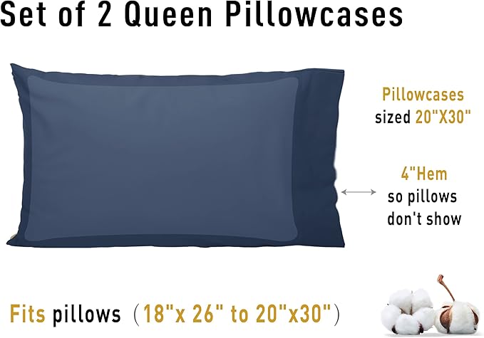 Sunflower Queen Pillowcases Set of 2, 100% Cotton Queen Size Pillow Cases 2, 20×30 inches Crown Blue, Soft and Breathable