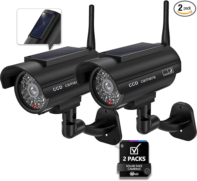 WALI Dummy Fake Camera, Solar Powered Fake Security Camera with LED Light, Simulated Surveillance Security CCTV Dome Cameras with Antenna and Warning Sticker Indoor Outdoor (SOL-TCB2), 2 Packs, Black
