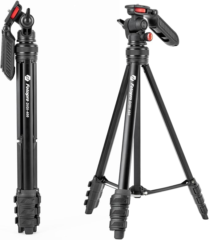 Fotopro 55” Camera Tripod 2in1 Hidden Cold Shoe Phone Clip Portable Travel Tripod Stand with Fluid Video Head, 1.5lbs Lightweight Aluminum Max Load 6.6lbs