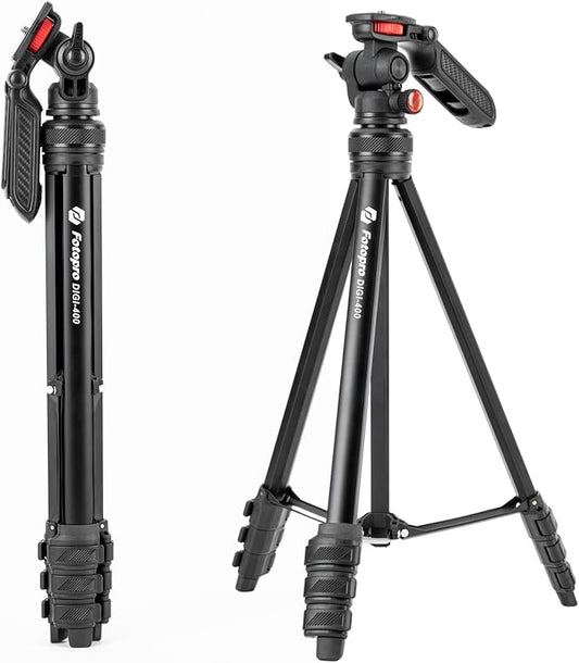 Fotopro 55” Camera Tripod 2in1 Hidden Cold Shoe Phone Clip Portable Travel Tripod Stand with Fluid Video Head, 1.5lbs Lightweight Aluminum Max Load 6.6lbs