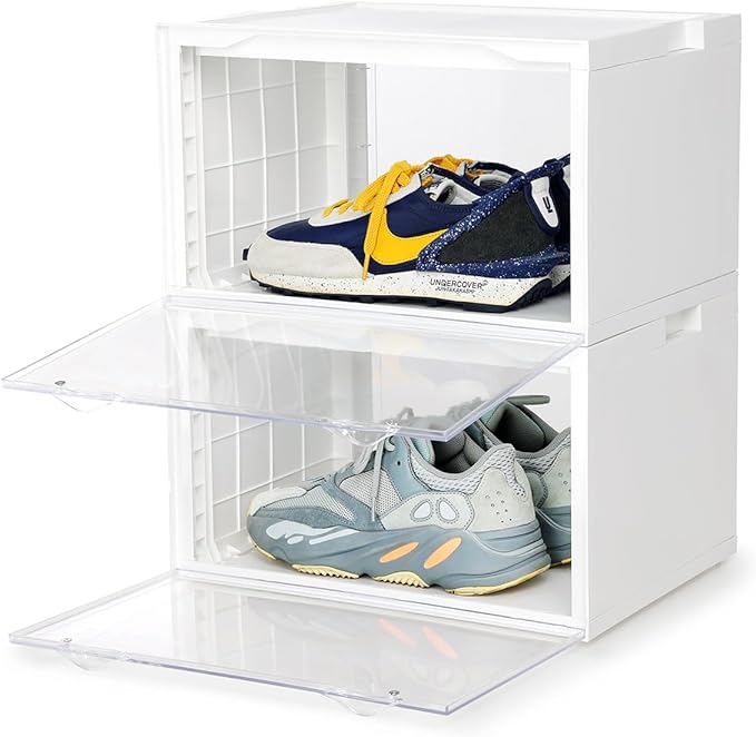SupBro Led Collection Crate - Voice Control - Easy Access Storage Shoes box, Stackable Shoe Storage with clear plastic door for sneakers - (11.2 x 14.9 x 8.8 inch (2pack), White)