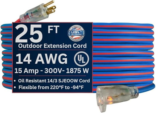 US Wire 98025 14/3 25-Foot SJEOW TPE Cold Weather Extension Cord Blue with Lighted Plug