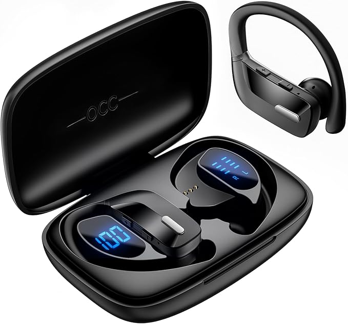 Active Noise Cancelling Ear Buds Wireless Sport Earbuds Bluetooth Headphones with Mic 80H Playtime IPX5 Waterproof Deep Bass Earphones Over Ear Headset for Running Gym Workout - Black