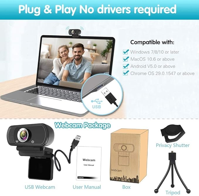 Webcam HD 1080p ,Live Streaming HD Camera with Stereo Microphone, PC Desktop or Laptop USB Webcam with 110 Degree View Angle, for Switch 2,Video Calling, Recording, Conferencing, Streaming, Gaming