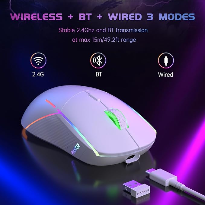 FFJ Wireless Gaming Mouse, 24000 DPI, Tri-Mode 2.4G/USB-C/Bluetooth 5.3 Gaming Mouse Wireless, RGB Programmable Mouse Gamer, 75Hrs Battery Life, Rechargeable Gaming Mice for PC, Mac, PS5, Xbox - White