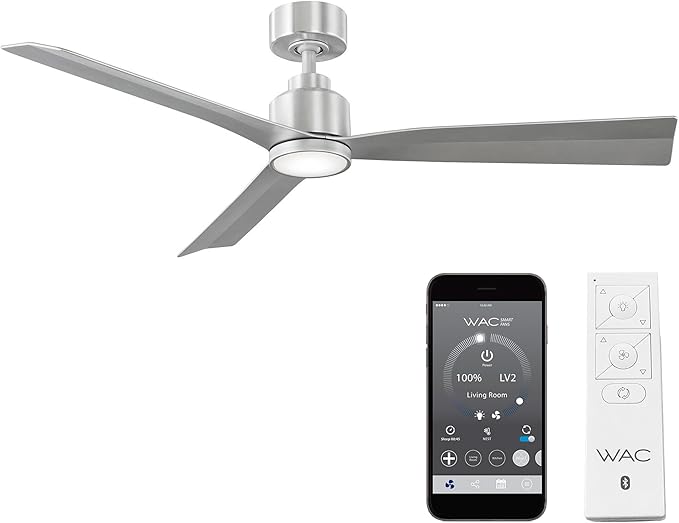 WAC Smart Fans Clean Indoor and Outdoor 3-Blade Ceiling Fan 52in Brushed Aluminum with 3000K LED Light Kit and Remote Control works with Alexa and iOS or Android App