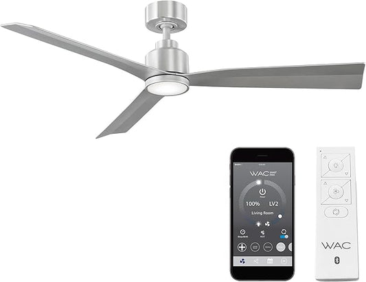 WAC Smart Fans Clean Indoor and Outdoor 3-Blade Ceiling Fan 52in Brushed Aluminum with 3000K LED Light Kit and Remote Control works with Alexa and iOS or Android App