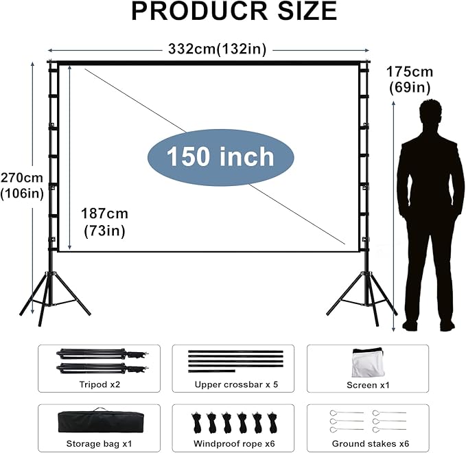 150'' Portable Projector Screen with Stand, 4K HD Outdoor Movie Screen, 10-Year Exchange