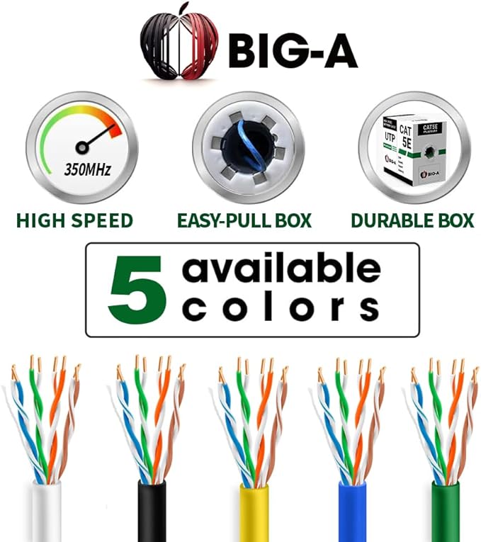 Big-A - 1000ft Cat5e Plenum Ethernet Cable, Blue, 350MHz, 24AWG UTP, CMP Rated, Solid Network LAN Cord, Compatible with Printer, Gaming Consoles, Router, VoIP Phones, POE IP Cameras