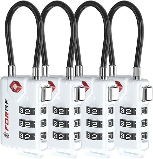 TSA Approved Cable Luggage Locks, Re-settable Combination with Alloy Body (White 4 Locks)
