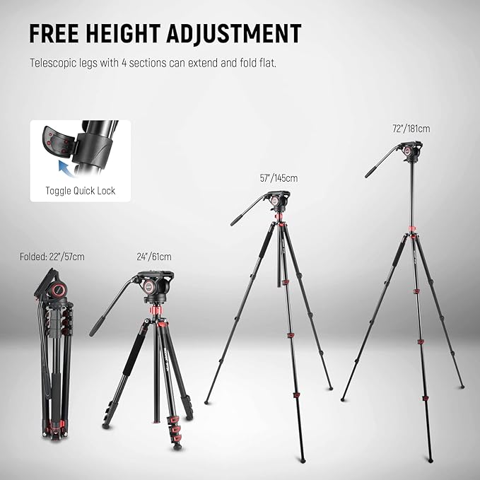 NEEWER 72" Fluid Head Video Tripod Monopod, Aluminum Alloy QR Plate Compatible with DJI RS Gimbal, 360° Pan & +90°/-70° Tilt for DSLR Camera Camcorder, Max Load 13.2lb/6kg, TP72A