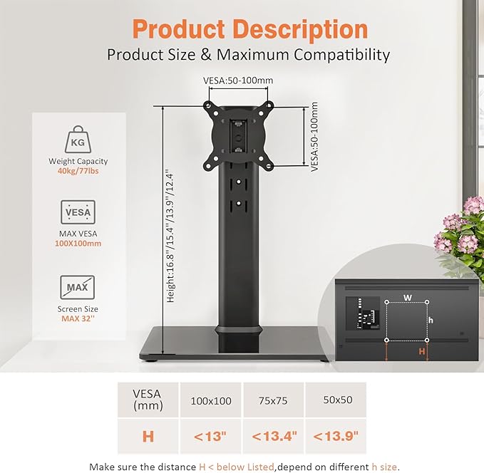Universal Swivel TV Stand/Base Table Top TV Stand for 13 to 32 inch TVs with 100 Degree Swivel, 4 Level Height Adjustable, Heavy Duty Tempered Glass Base, Holds up to 77lbs, HT07B-001
