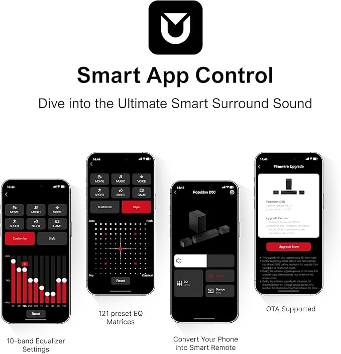 ULTIMEA 5.1 Sound Bar for Smart TV, Virtual Surround Sound System for TV, 320W Peak Power, Adjustable Surround Speakers and Subwoofer, APP Control, Home Theater Soundbar Poseidon D50(2025 New Model)