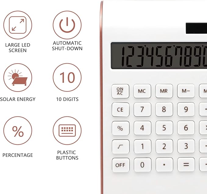 Rose Gold Calculator Office Supplies and Accessories, 10 Digits Solar Battery Basic Office Calculator, Dual Power Desktop Calculator with Large LCD Display, Pink