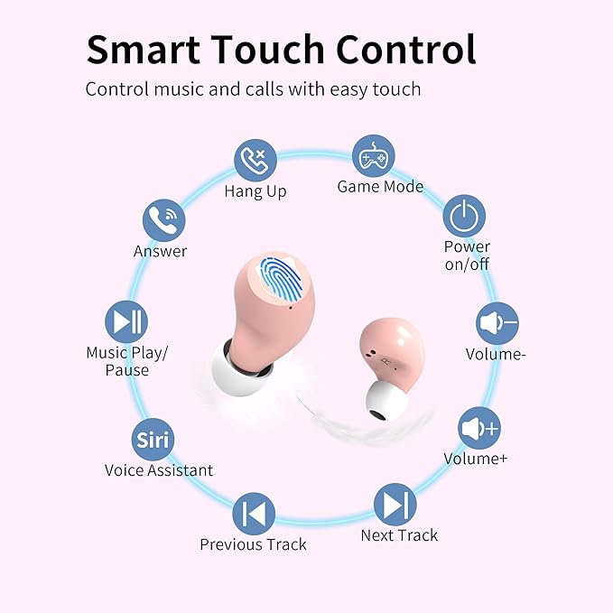 Kids Wireless Earbuds TWS Bluetooth 5.3 Headphones Touch Control with Pink Kitty Wireless Charging Case IPX5 Waterproof HiFi Stereo Headsets in-Ear Earphones Built-in Microphone