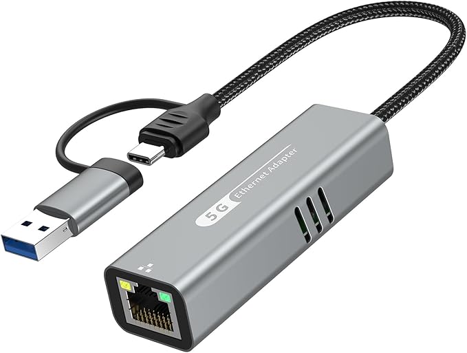 5G USB 3.2 Ethernet Adapter with RTL8157, 2-in-1 USB-A/Type-C to 5Gbps Network Card RJ45 LAN Converter for PC Laptop Windows Mac OS Linux(5Gbps Need Type-C > 3.2)