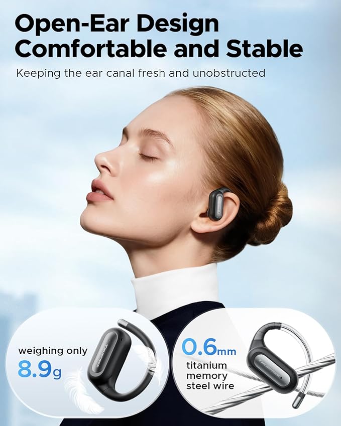 truefree DS1 Open-Ear Headphones, Bluetooth 6.0 Wireless Earbuds with Ear Hooks, Spatial Sound, 4 Mics Clear Calls, 40H Playtime, Fast Charging, Multipoint Connection, IPX5-Rated for Sports, Snug Fit