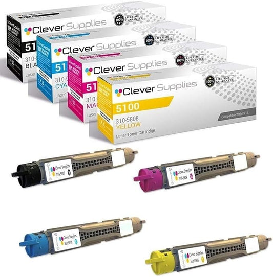 CS Replacement Toner Cartridge Compatible with Dell 5100 310-5807 Black 310-5810 Cyan 310-5808 Yellow 310-5809 Magenta 5100 5100cn Black: 9000 Color: 8000 Each Page Yield 4 Color Set