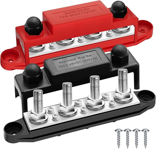 250A 12V Bus Bar Marine Power Distribution Block with Cover with 4 x 3/8”Post 6 x #8 Screws Terminals,Battery Bus Bar (Pair, Red & Black),Automotive Busbars 12 Volt for Car Boat Solar Wiring