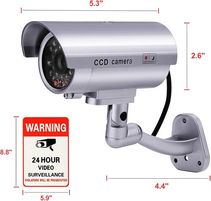 FITNATE Dummy Security Camera, 4 Packs Fake Surveillance Security CCTV Camera System with LED Red Flashing Light for Both Indoor & Outdoor Use + Security Camera Warning Stickers × 4 (Silver)
