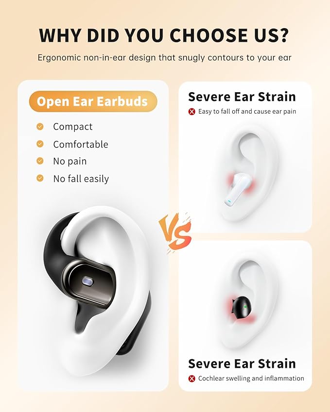 Open-Ear Headphones, Over Ear Earbuds with Ear Hooks, True Wireless Bluetooth Earphones with Microphone, Touch Control, Clear Calls, 60H Playtime, IPX7 Waterproof for Running and Workouts