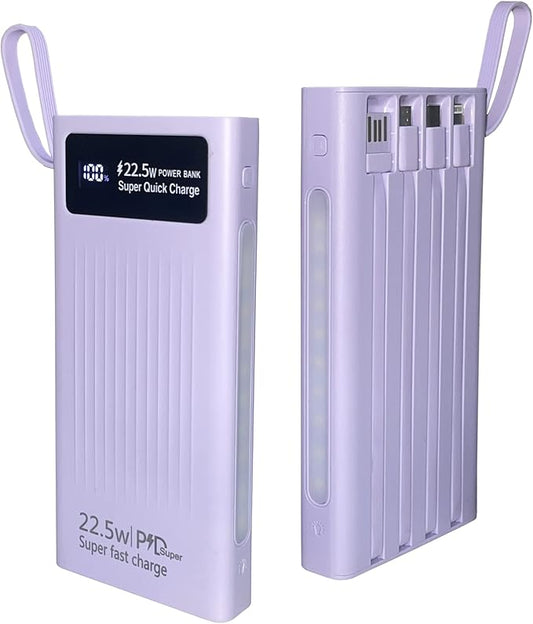 Portable Charger with Built in Cables,Mandarooker 10000mAh Power Bank with LED Lamp Fast Charging USB C External Battery Pack Phone Charger with LED Display for iPhone, Samsung and Cell Phones(Purple)