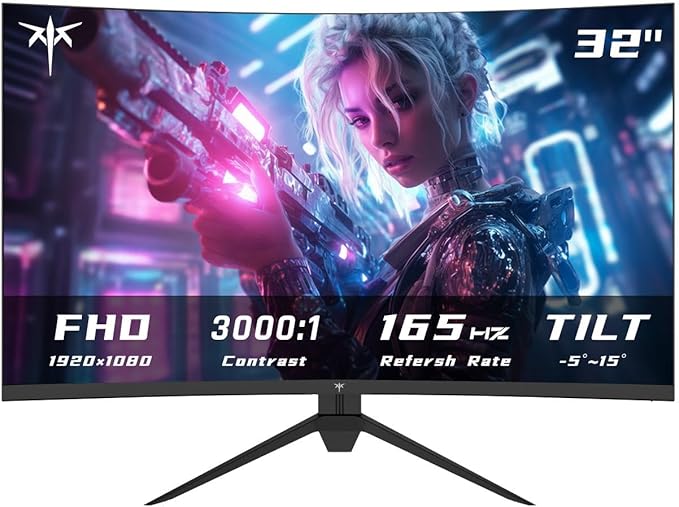 KTC 32 Inch Curved Gaming Monitor, FHD 1080P 165Hz PC Monitor, 1500R, 122% sRGB with HDR, FreeSync Premium, HDMI 2.0x2, DisplayPort 1.4, VESA Compatible, Tilt Adjustable, Eye Care, H32S17C