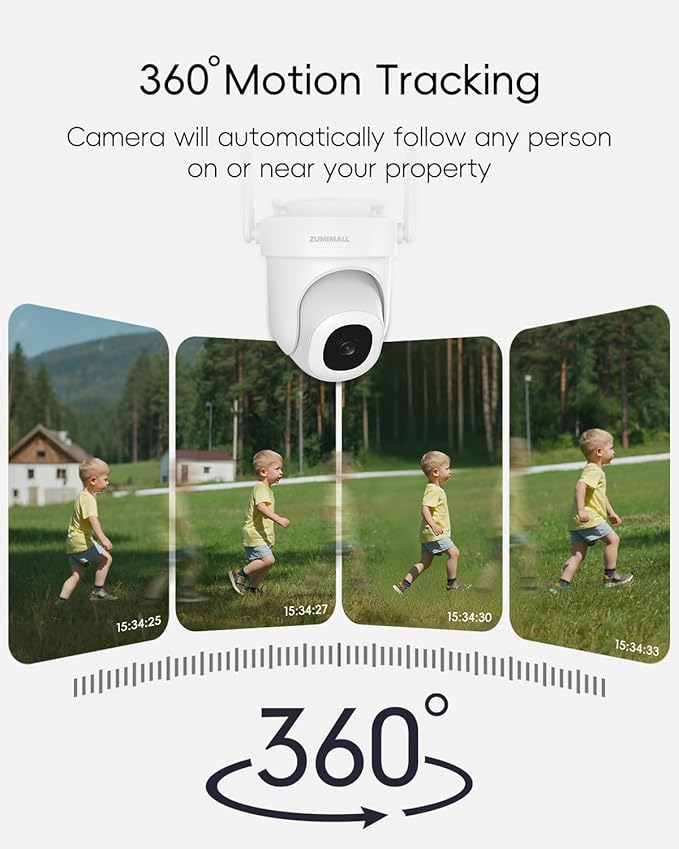 ZUMIMALL 3MP Security Camera Outdoor - 360° PTZ Auto Tracking | 24/7 Recording Wired Power, 2.4G/5G Wireless WiFi | Motion & Noise Detection, Color Night Vision, 2-Way Audio | Compatible with Alexa