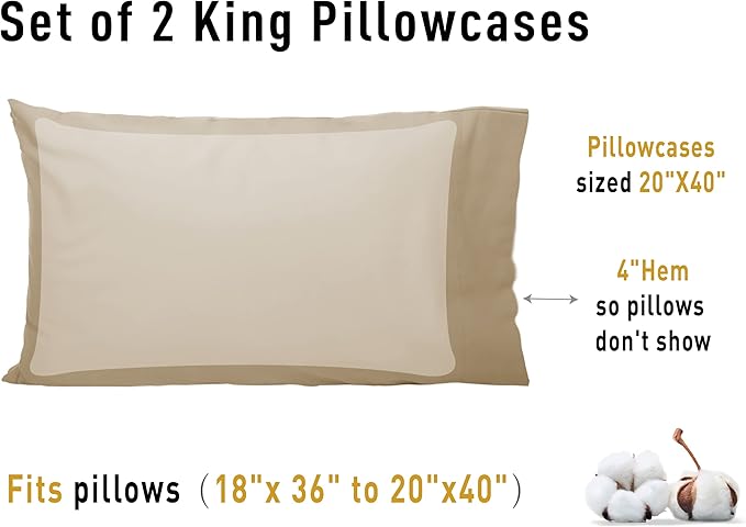 Sunflower King Pillowcases Set of 2, 100% Cotton King Size Pillow Cases 2, 20×40 inches Sandshell, Soft and Breathable