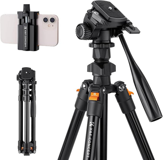 K&F Concept 70" Video Tripod,Lightweight Travel Tripod with 3-Way Swivel Pan Tilt Head Load 6.6 lbs, Phone Holder Smartphone Clip Quick Release Plate, for Phone DSLR Camera O234A0+BV02