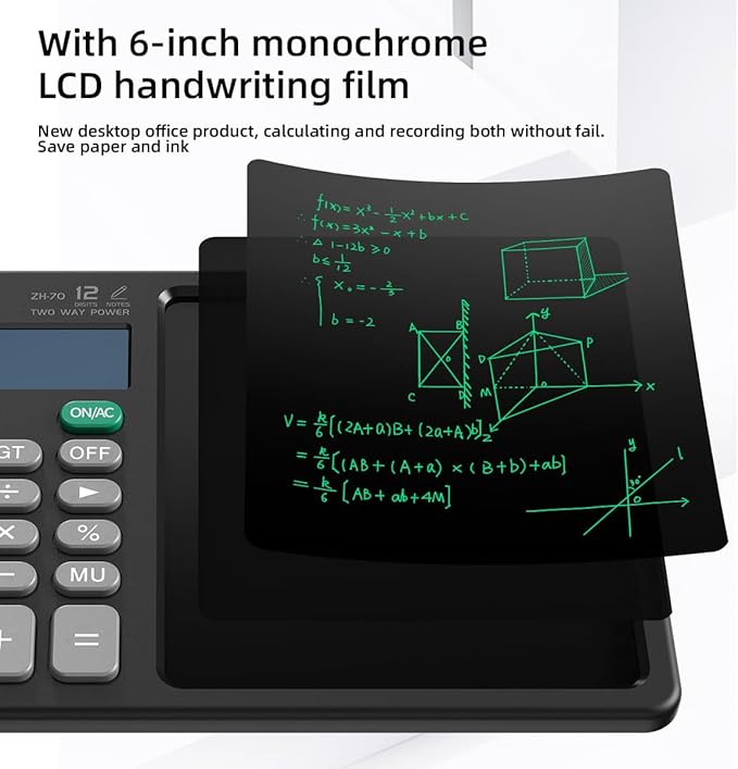 Scientific Calculator with Pull - Out Stylus, 12 - Digit Wide Screen & 100,000+ Reusable Writing Pad, One - Click Clear/Lock, Solar & Battery Dual Power, Portable for School Office Business (Black)