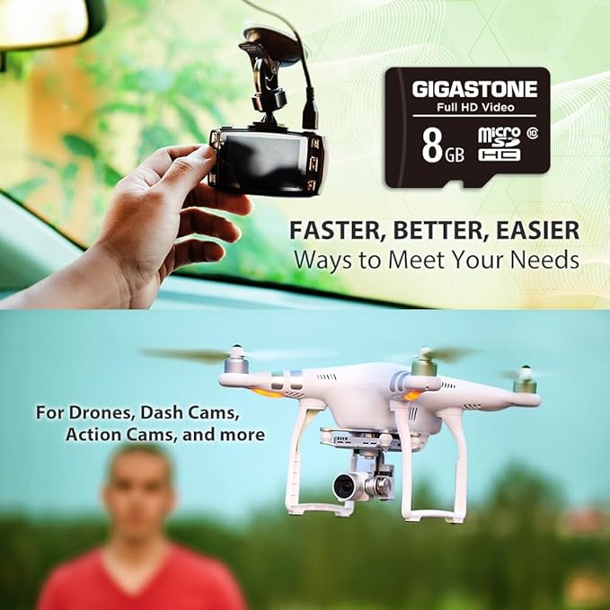 Gigastone 8GB Micro SD Card, FHD Video, Surveillance Security Cam Action Camera Drone Professional, 80MB/s Micro SDHC Class 10