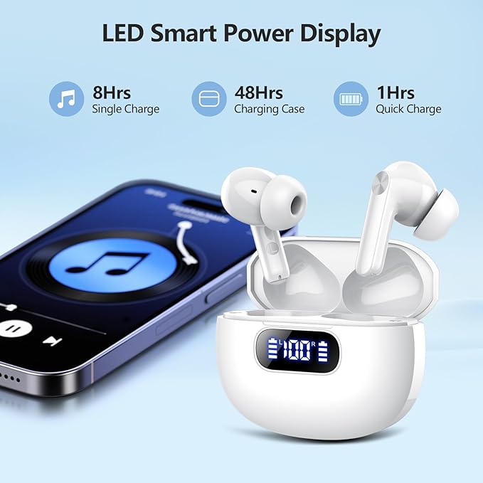 Wireless Earbuds, Bluetooth Earbuds with LED Power Display, Bluetooth 5.3 Headphones with Bass Stereo Sound 48Hours Playtime in Ear Ear Buds ENC Noise Cancelling Mic,IP7 Waterproof for Sports Workout