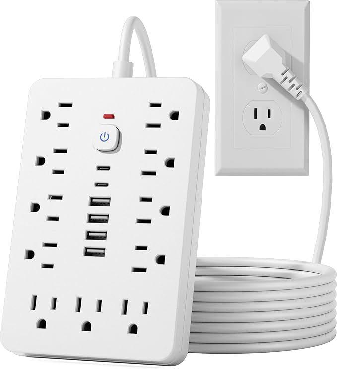 15 FT Flat Plug Surge Protector Power Strip,11 Multiple AC Outlets with 6 USB Ports (2 USB C), 15 Feet Extension Cord, 1250W/10A, One Touch Switch Button, White