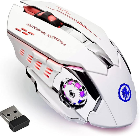 Wireless Gaming Mouse Bluetooth Mouse RGB Rechargeable 2.4G USB Cordless Computer Mice with 7 Color Backlit, 6 Buttons & Silent Click for Laptop, iPad, Mac OS, PC, Windows -White