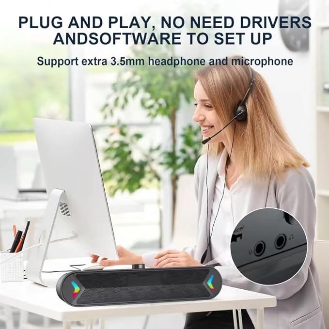 LENRUE USB Computer Speakers for Desktop, 10W PC Speakers for Desktop/Laptop/Tablet/Monitor, Single-Wired USB Soundbar Speaker,Plug-n-Play,No Sound Delay(NO 3.5mm AUX Plug)