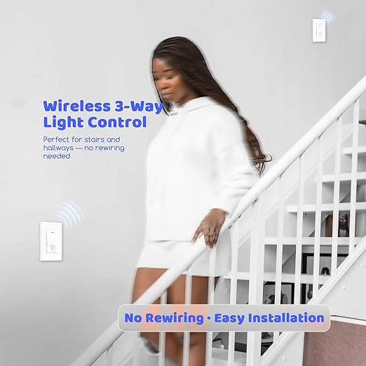 Wireless Light Switch and Receiver Kit(1v1), Self-Powered (No Battery Required) Remote Control Lighting Switch, No WiFi Needed, for Indoor Outdoor Light Fixtures