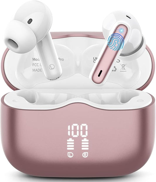 Wireless Earbuds, 2025 Bluetooth 5.4 Headphones in Ear with 4 ENC Noise Cancelling Mic, New Wireless Earphones HiFi Stereo Deep Bass 40H Playtime, LED, in-Ear Bluetooth Ear Buds IP7 Waterproof, Rose
