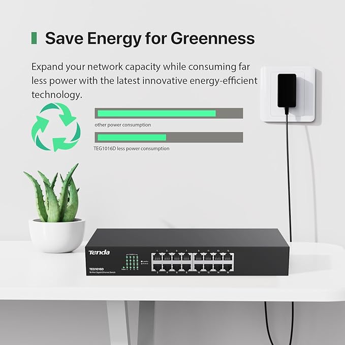 Tenda TEG1016D, Unmanaged 16 Port Gigabit Switch, Rackmount Ethernet Switch, Plug & Play, Fanless & Metal Design Network Switch, Limited Lifetime Protection
