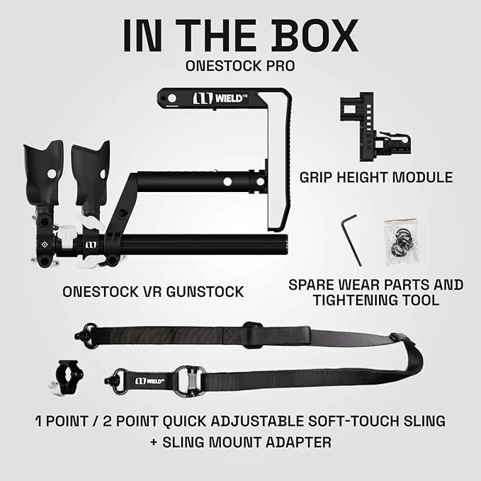 WIELD VR Gun Stock for Quest 2, 3, 3S, Pro & with Silicone Grips - OneStock Pro - with Premium Tactical Sling & Grip Height Module - VR Accessory for Shooting Games - OneStock Pro