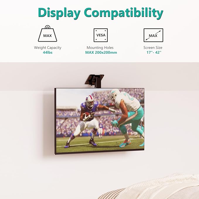 WALI Folding Ceiling TV Mount, Swivel and Flip Down TV Bracket for 17 to 42 inch Flat Screens up to 44 Lbs, Under Cabinet Mounting Saving Space Max Mounting Holes 200x200mm(FCM202), Black