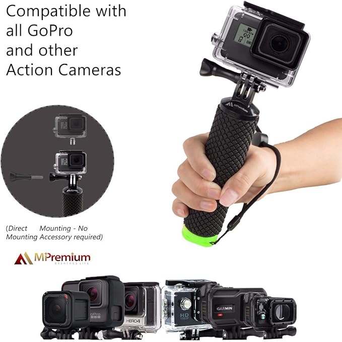 Waterproof Floating Hand Grip Compatible with GoPro Hero 12 11 10 9 8 7 6 5 4 3+ 2 1 Session Black Silver Camera Handler & Handle Mount Accessories Kit for Water Sport and Action Cameras (Green)