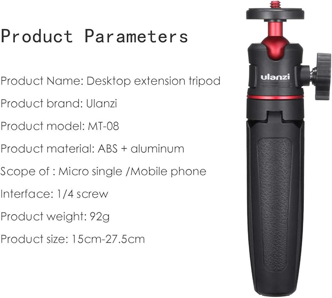 MT-08 Black Mini Tripod for Camera, 1/4" Screw Universal Tripod Compatible with DJI OSMO Pocket 3/Insta 360 x 5/OSMO 360/Sony/Canon/Nikon Fuji, Extendable Handheld Vlogging Video Filming Table Stand