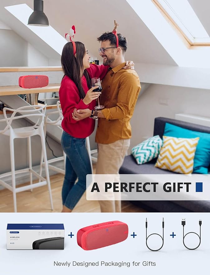 LENRUE Bluetooth Speaker, Wireless Portable Speaker with Loud Stereo Sound, Rich Bass, 12-Hour Playtime, Built-in Mic. Perfect for iPhone, Samsung and More (Red)