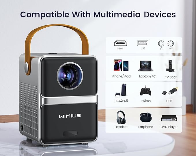 [Electric Focus] Mini Projector with 5GWiFi and Bluetooth, WIMIUS 1080P Outdoor Projector, Portable Movie Projector, 300" Screen, Compatible with iOS/Android/TV Stick/HDMI/PS5 M